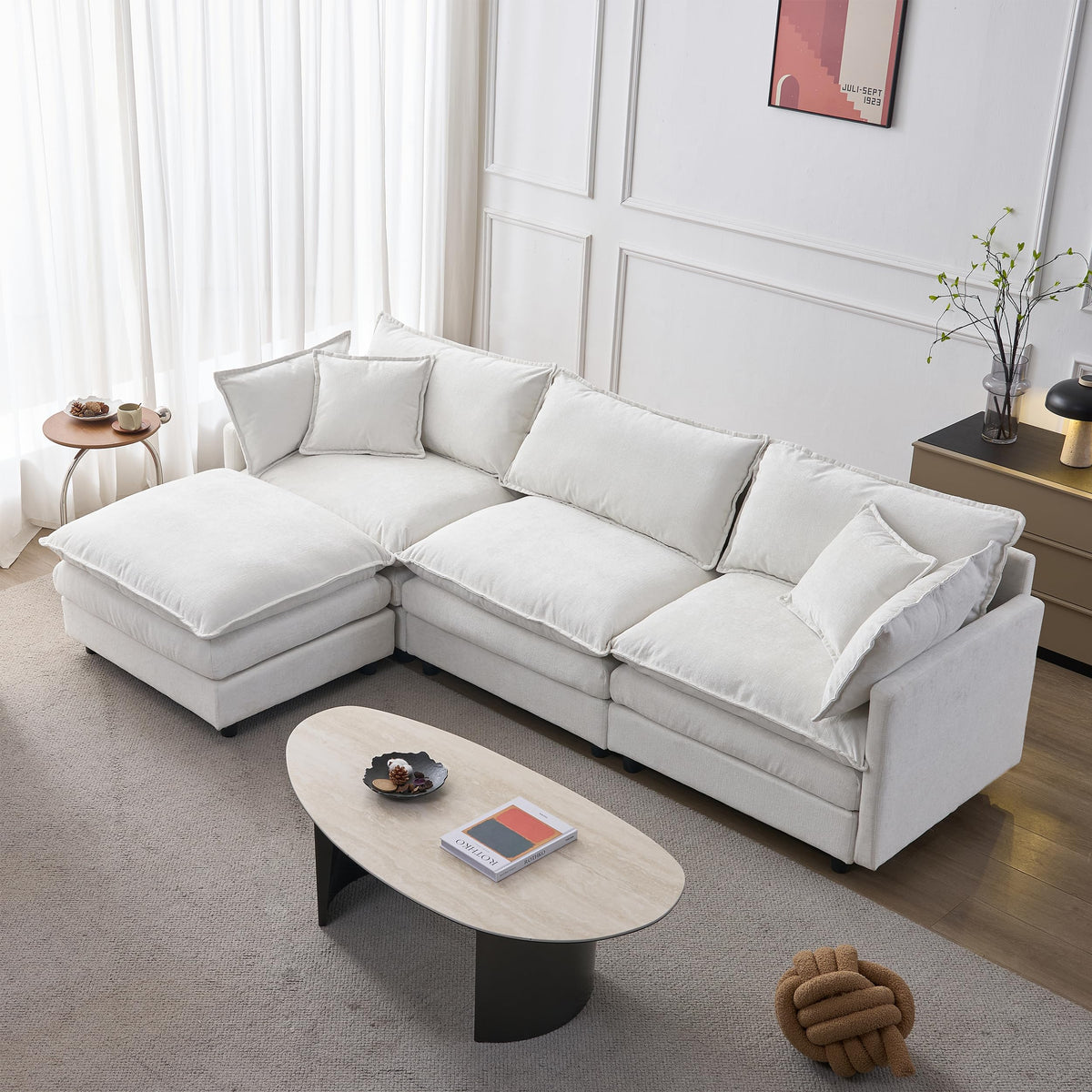 105 Inch Modular L Shaped Sofa with Ottoman, 3 Seater Chenille Fabric Sectional Couch, Independent Pocket Spring & High Density Foam Cushion, Solid Wood Frame Tool (Three White Seats)