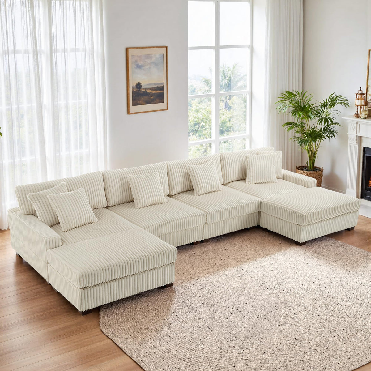 118.3" L-Shaped Modular Sectional Sofa with Chaise, Comfy Corduroy Fluffy Couch with Deep Seat, Flexible Module Combination for Living Room, Cotton Flannel Light Brown