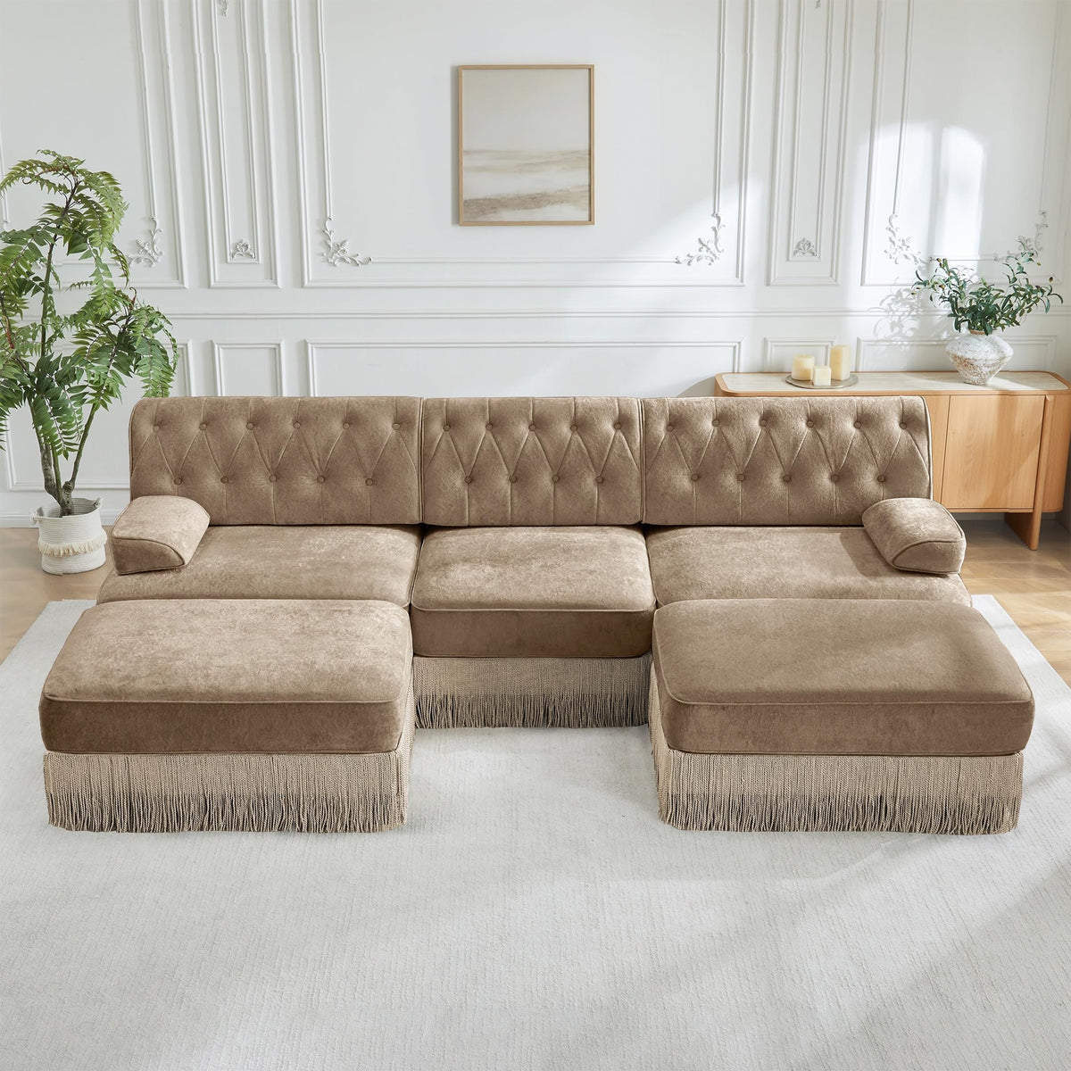 Velvet Modular Sectional Sofa, 135.6 Inch Chesterfield Style, Camel