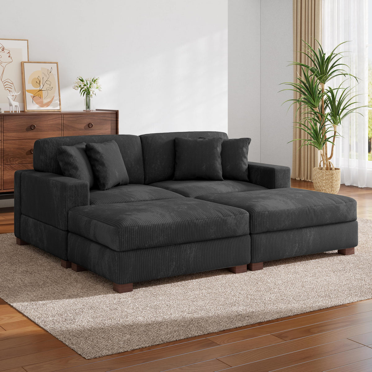 118.3" L-Shaped Modular Sectional Sofa with Chaise, Comfy Corduroy Fluffy Couch with Deep Seat, Flexible Module Combination for Living Room, Cotton Flannel Light Brown