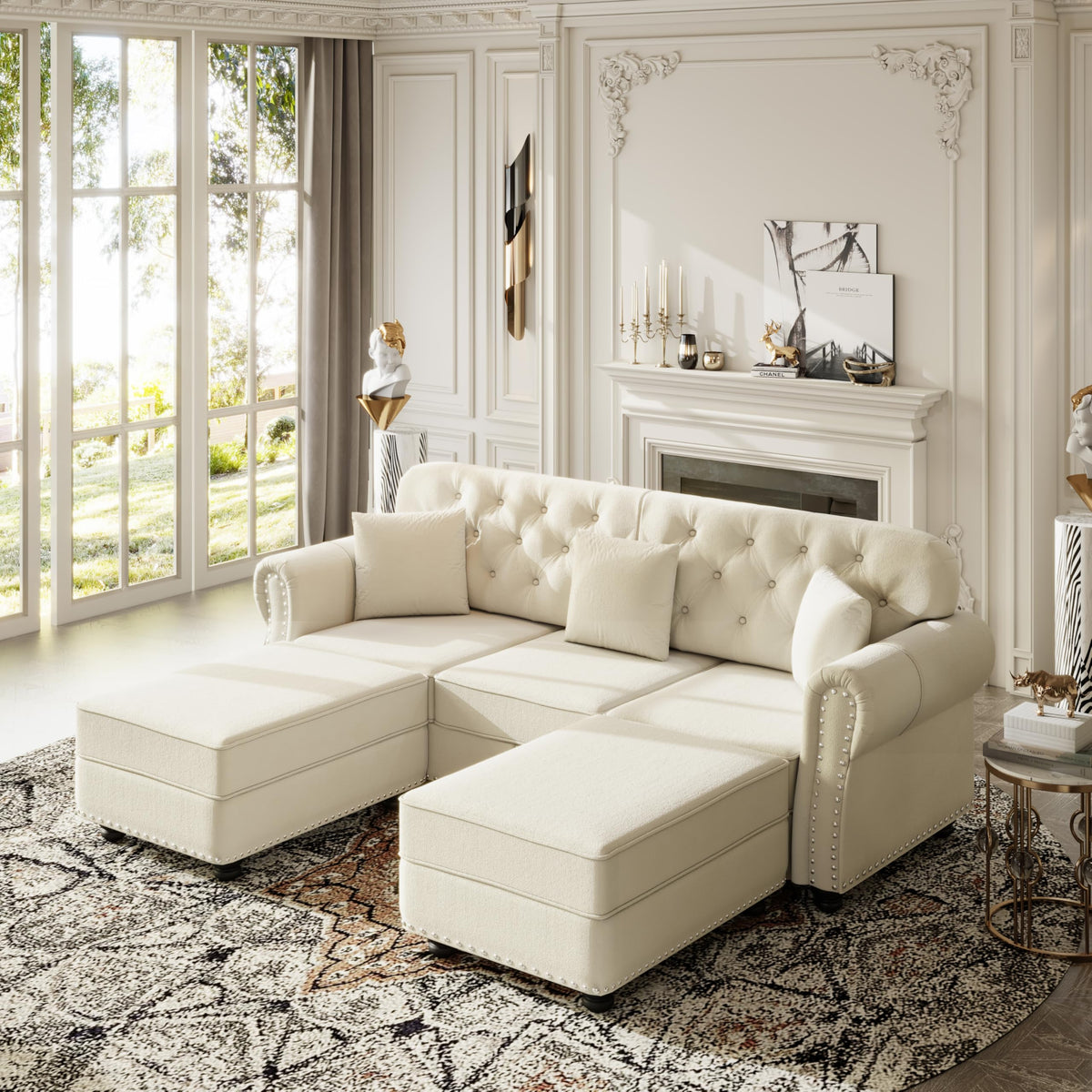 Velvet Chesterfield Sofa with Rolled Arms & Nailhead Trim, Modular Sectional Sofa Couches, Modern Cloud Sofa with Button Tufted, for Living Room, Bedroom, Small Space