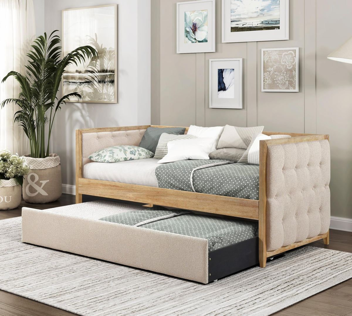 Versatile Daybed with Pull-Out Trundle, Textured Fabric Upholstery