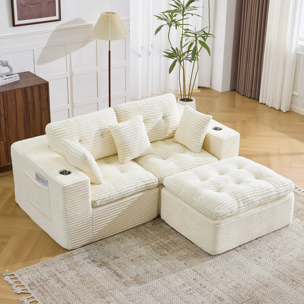 108.08" Boneless Sectional Couch, Modern U Shaped Modular Sectional Sofa Corduroy Upholstered for Living Room Oversized Deep Seat Cloud Couch with 2 Ottoman, No Assembly, Black