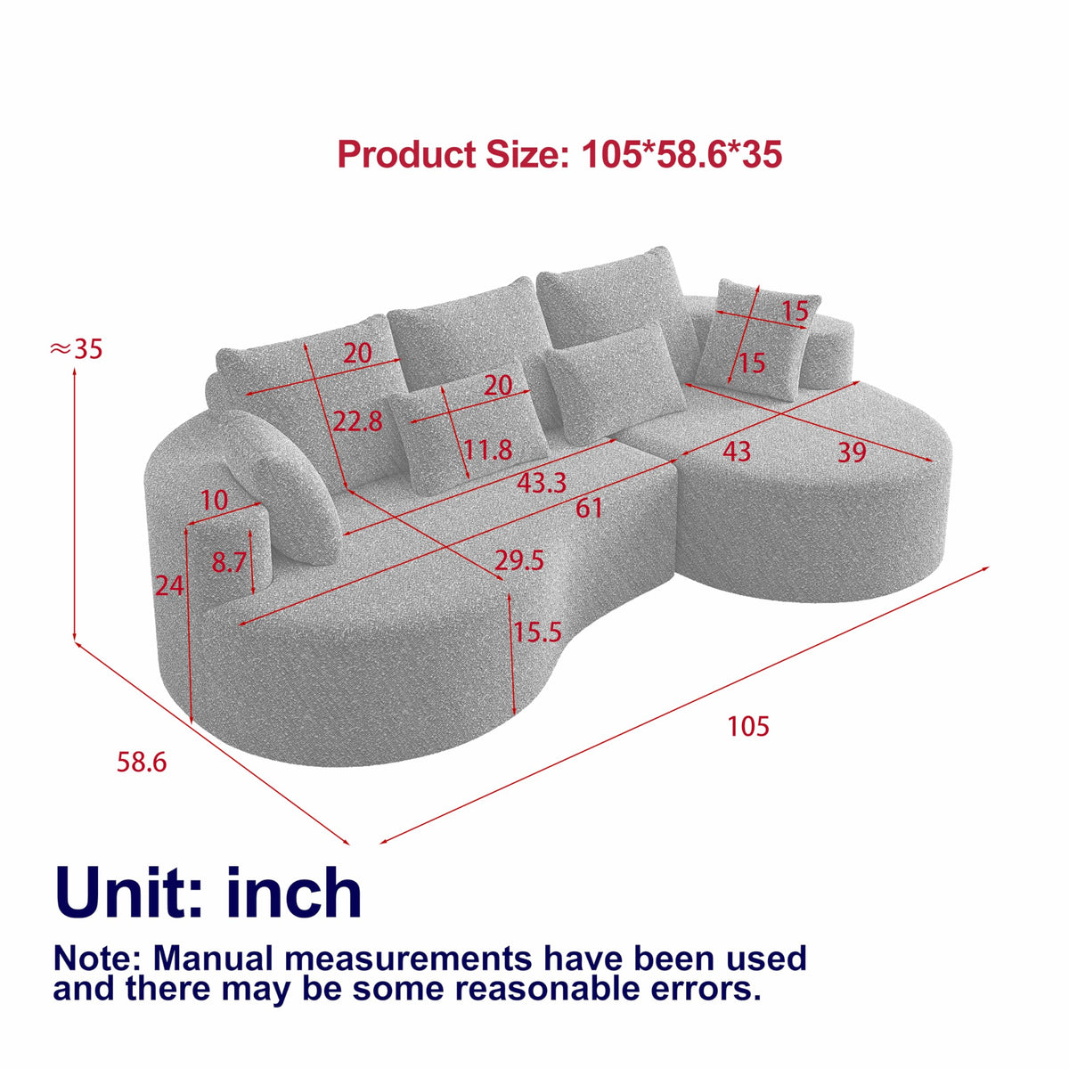 Upholstered Oversized Sectional Sofa, 105 Inch Chenille 4 Seater Extra Deep Wide Seat Curved Cloud Couch with 7 Pillows, Free Combination Sofa Couch for Living Room,Bedroom UP862