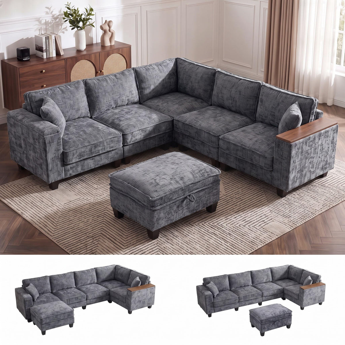 V Shaped Modular Sectional Couch with Storage Ottoman, Beige