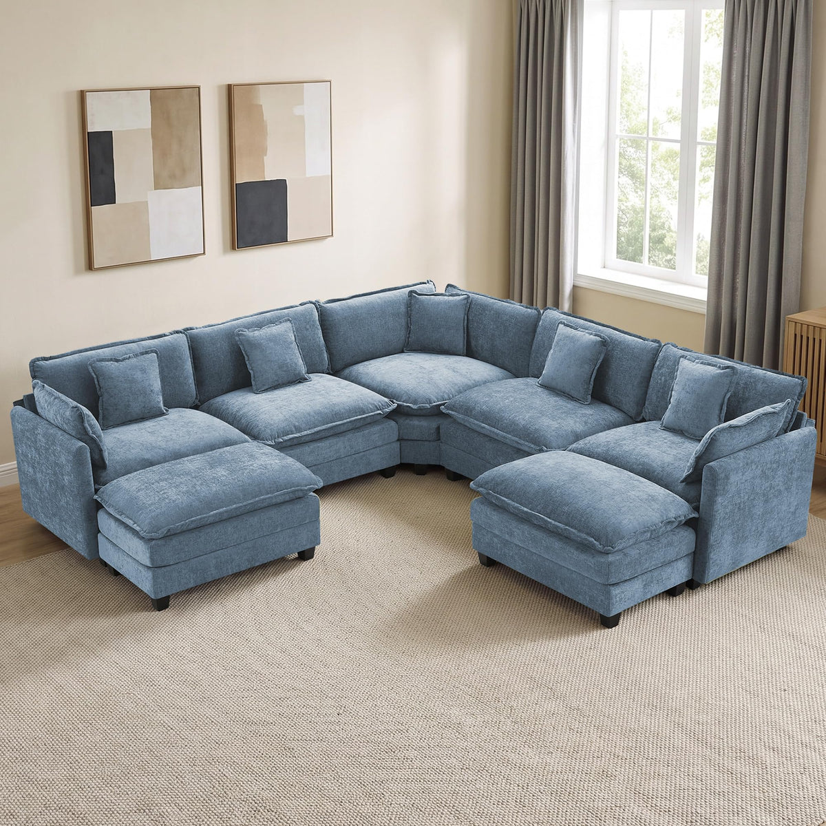 113" V-Shaped Cloud Couch, Modular Sectional for Living Room, Light Grey