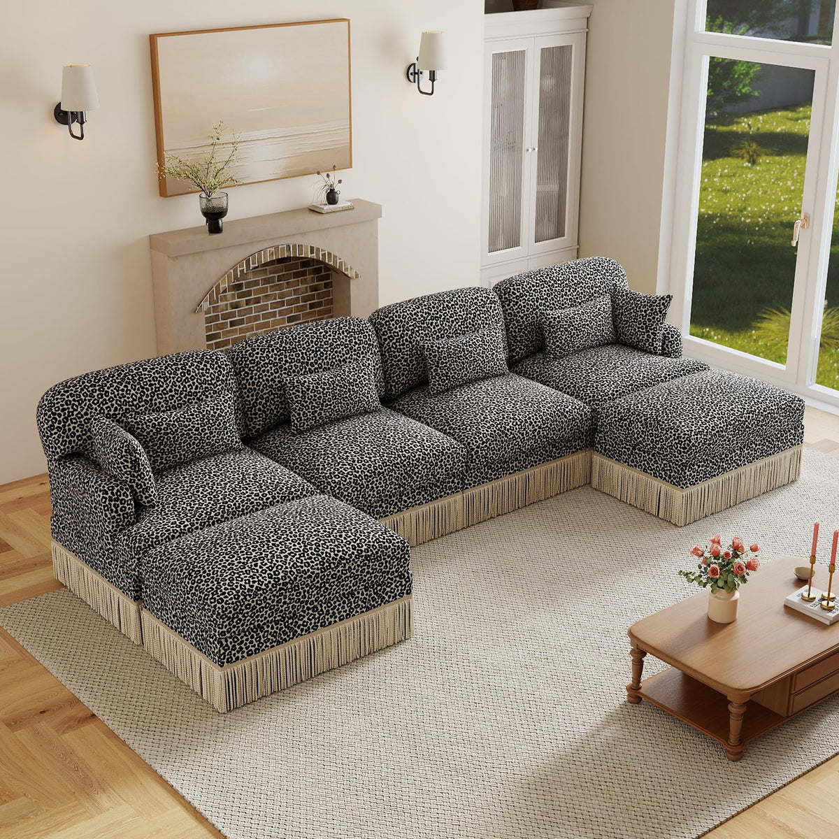 100" Leopard Print Chenille Modular Sectional Sofa with Tassels, L-Shaped Deep Seat Cloud Couch with Ottomans for Living Room, BGE-KHK