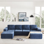 110" Cloud Chenille Deep Seat Chaise Lounge Indoo, Modular Sectional Sofa with Spring Pack Support, Modern Boneless Compressed Floor Sectional Sofa with U-Shaped for Living Room, Navy