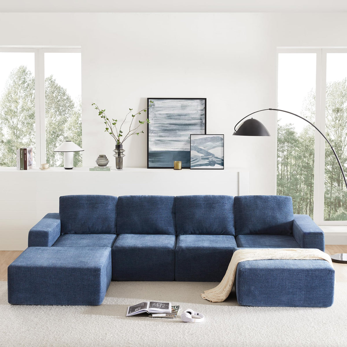 110" Cloud Chenille Deep Seat Chaise Lounge Indoo, Modular Sectional Sofa with Spring Pack Support, Modern Boneless Compressed Floor Sectional Sofa with U-Shaped for Living Room, Navy