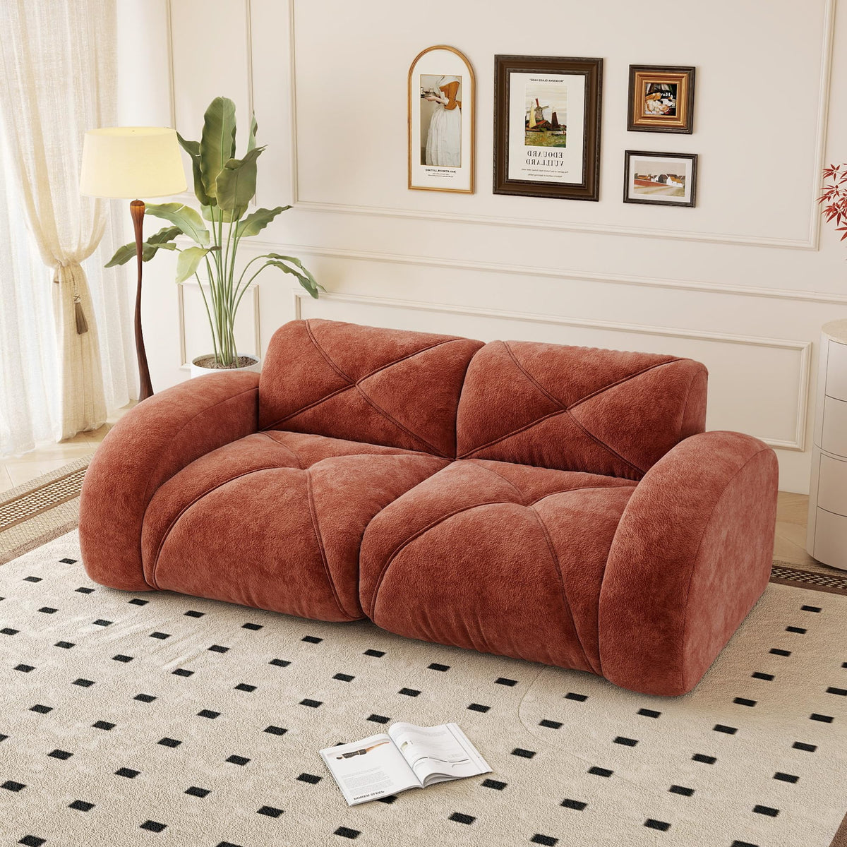 110.6" U Shaped Boneless Couch with Ottoman, Convertible Modular Sectional Cloud Sofa, Deep Seat 5 Seater Velvet Couch, 32D High Density Foam Sofas for Living Room, No Assembly Required, Camel