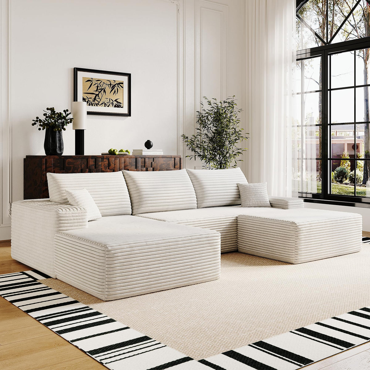 107" Plush Corduroy Deep Seat Chaise Lounge Indoo, Modern Boneless Compressed Floor Sectional Sofa with High-Resilience Foam, Free Combination Modular Cloud Sectional Sofa for Living Room, White