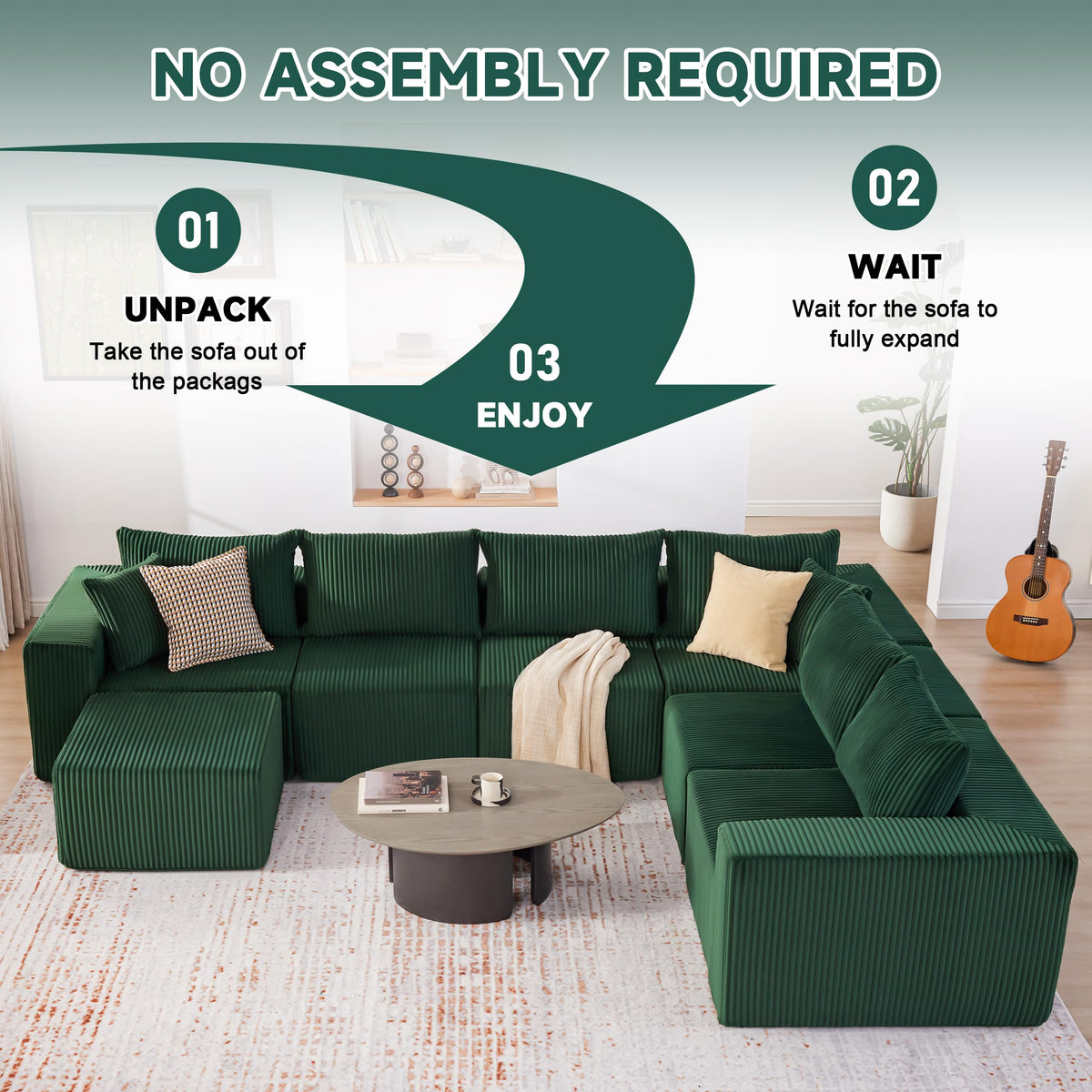 U-Shaped Boneless Couch, Cloud Couch Sectional, Modular Sofa with Deep Seat, Convertible Sectional Couches for Living Room, Plush Corduroy U Shaped Boneless Couch (Green, 6 Seater & 1 Ottoman)