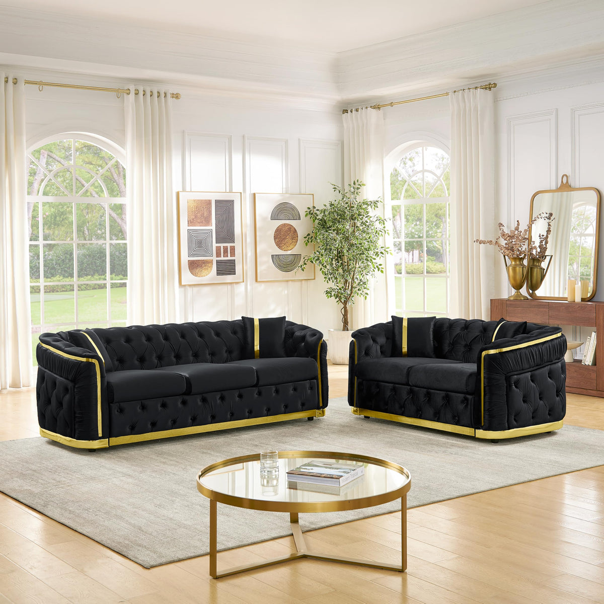 Velvet Chesterfield Sofa Set, 3-Seater and Loveseat