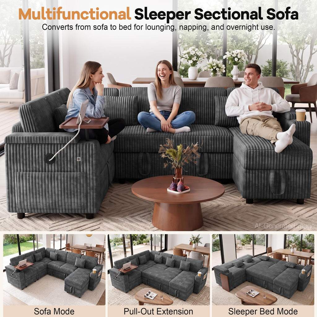 100" U Sectional Sleeper Sofa Pull Out Couch for Living Room, Grey