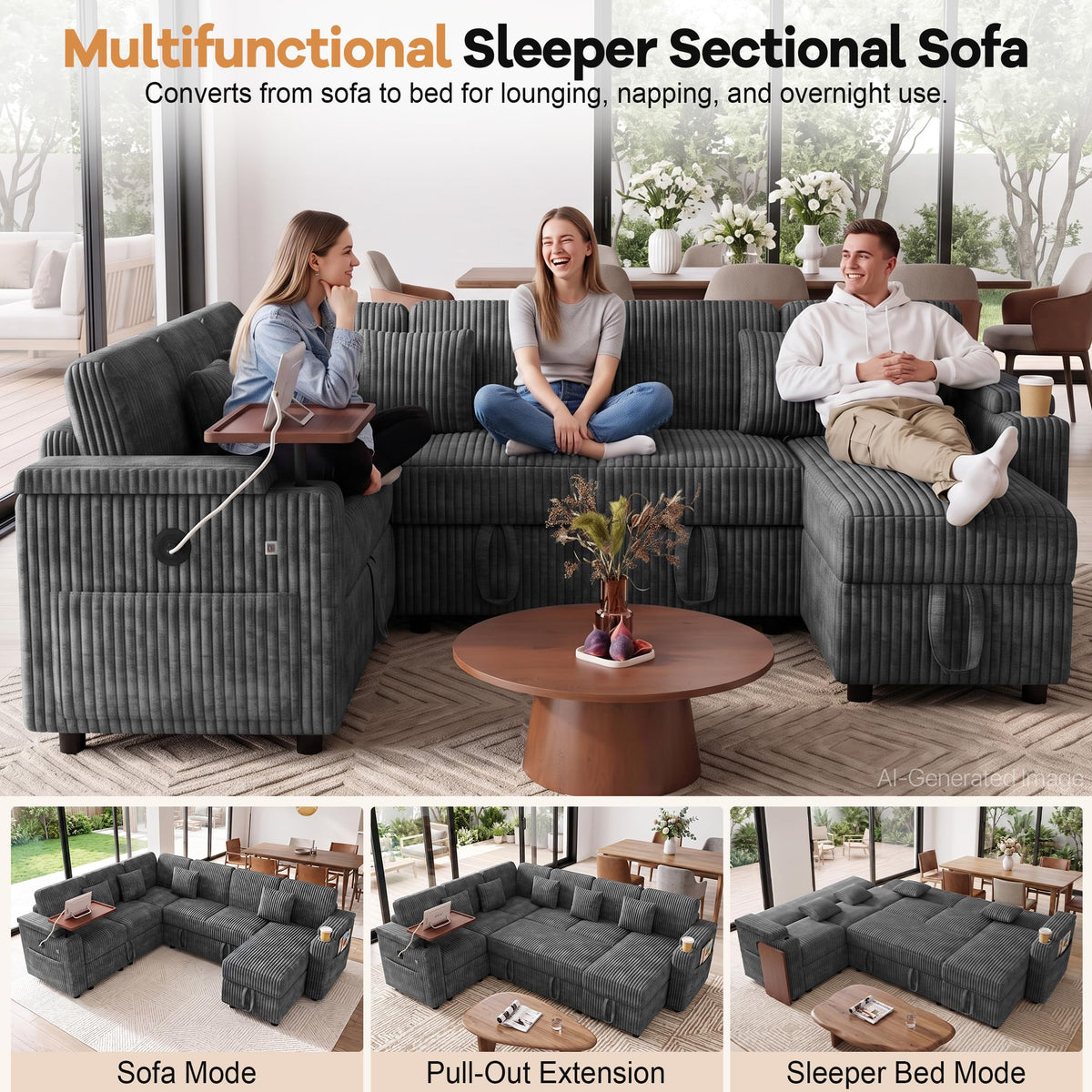 100" U Sectional Sleeper Sofa Pull Out Couch for Living Room, Grey