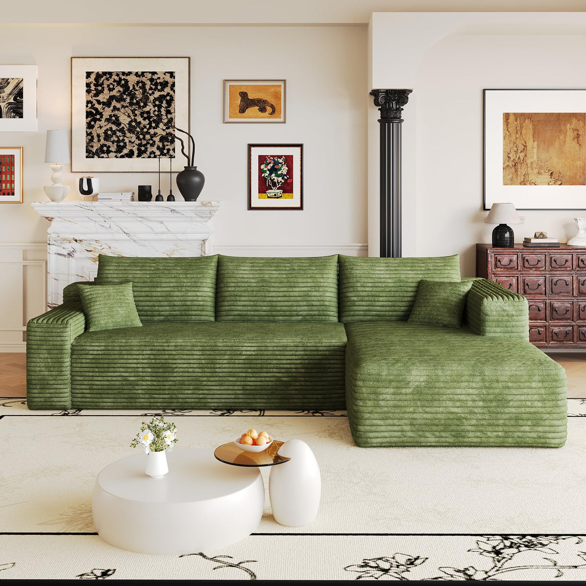 103" U Shaped Cloud Modular Boneless Sectional Couch Right Chaise, Green