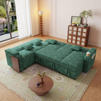 100" Modular Sectional Sleeper Sofa with Pull Out Bed/Side Table/USB Charging/Storage Chaise, Comfy Convertible Cloud Couch, U Shaped 7 Seat Corduroy Sofa with Cup Holders,Green