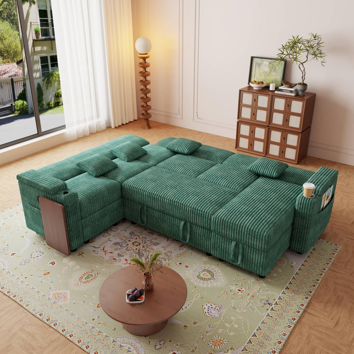 100" Modular Sectional Sleeper Sofa with Pull Out Bed/Side Table/USB Charging/Storage Chaise, Comfy Convertible Cloud Couch, U Shaped 7 Seat Corduroy Sofa with Cup Holders,Green