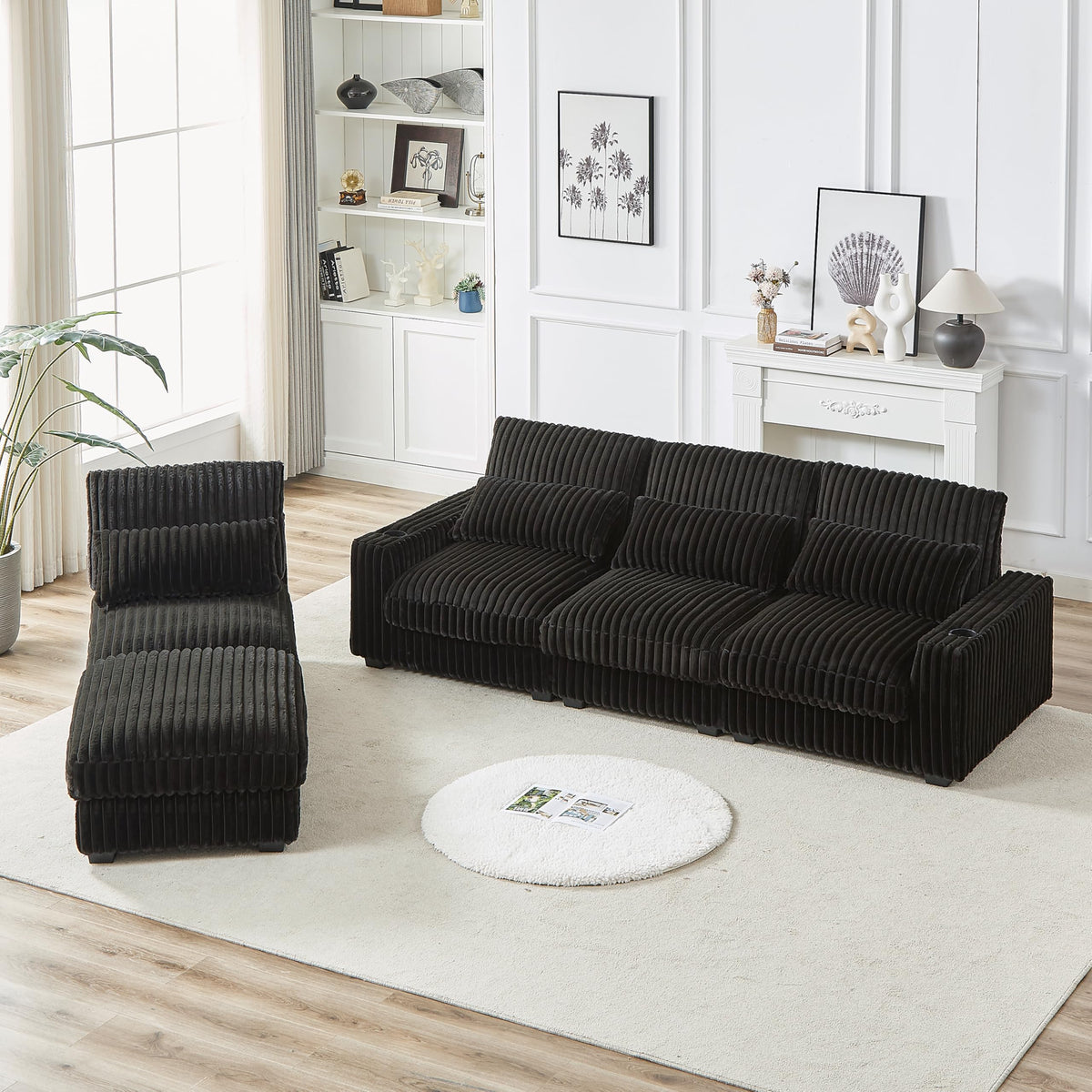 126 inch Corduroy with Cup Holder Super Large L Shaped Sofa, Movable Footrest, Four Waist Pillows and Four Back Cushion, with USB Port and Type C Port
