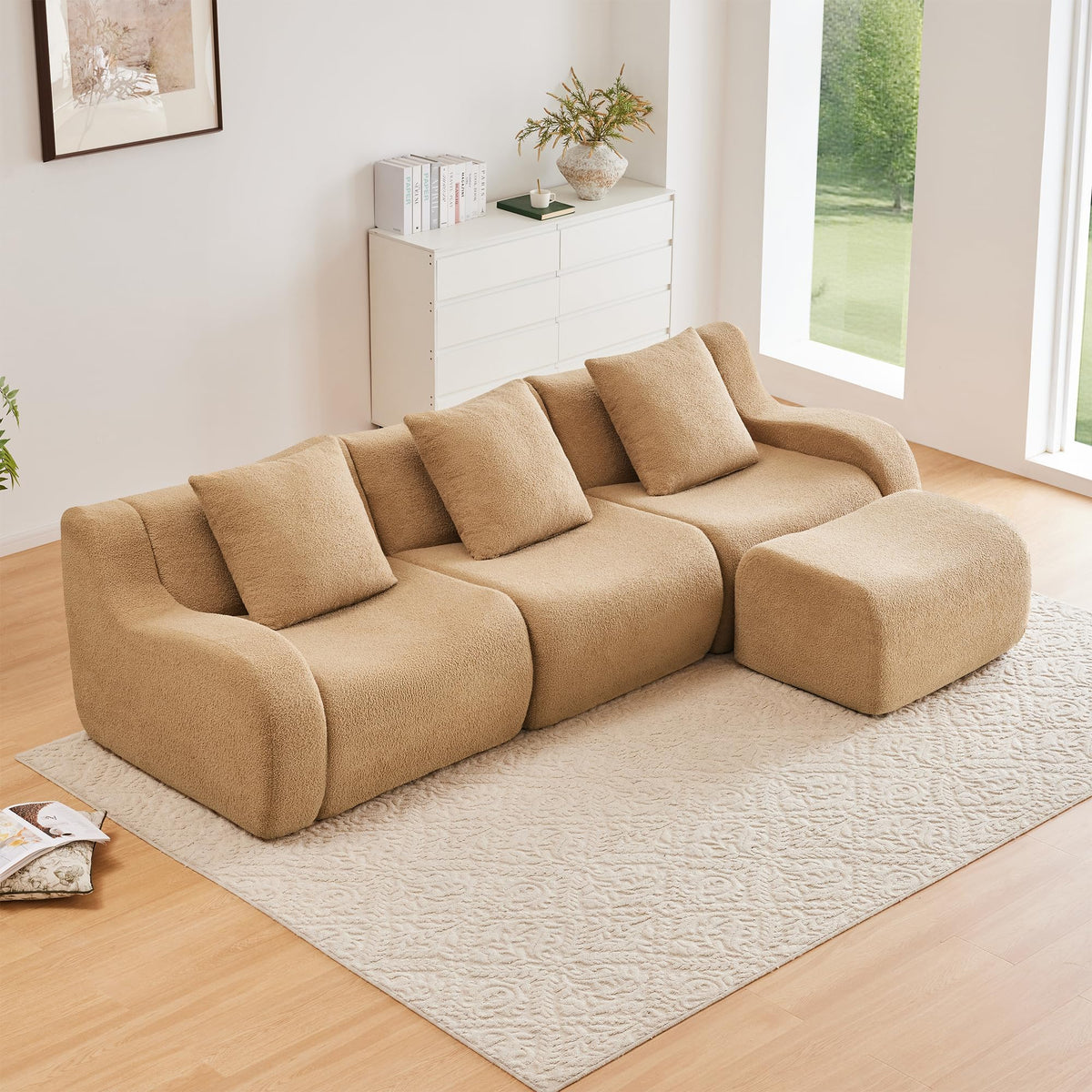 Tidyard Boneless 3-Seater Sofa with Teddy Fabric, Anti-Slip Base & Curved Armrests, No Assembly Needed, 32D High-Density Sponge for Living Room or Bedroom, Camel