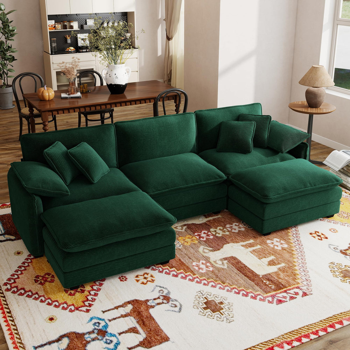 115" Oversize Modular Cloud Couch Sectional - Deep Seat U-Shaped Sofa, 3 Seats with 2 Ottomans,Pet-Friendly Fabric,Green Corduroy