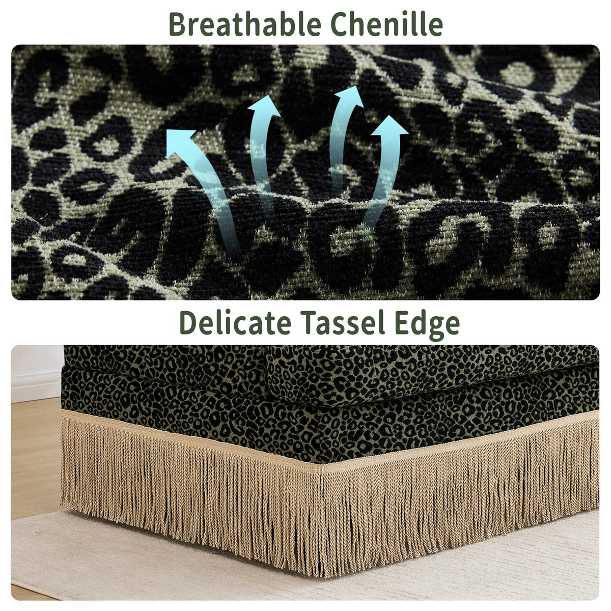 100'' Modular Sectional Couch, Cloud Deep Seat Sofa, Chenille Leopard Print Couch with Tassel for Living Room (U-Shaped, Green)