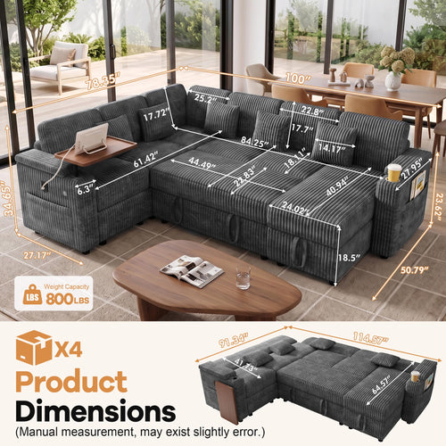 100" U Sectional Sleeper Sofa Pull Out Couch for Living Room, Grey