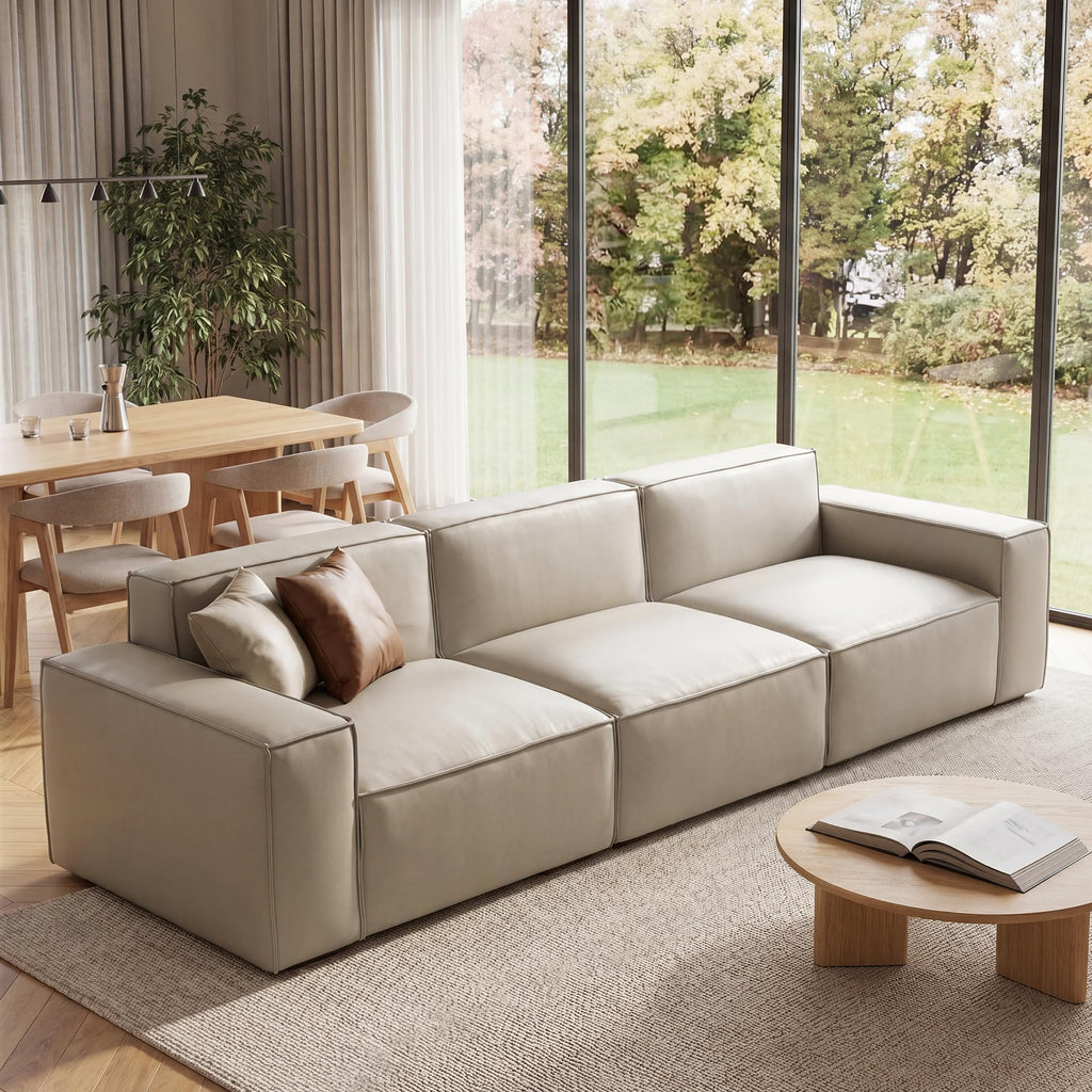 112.6" Modular Vegan Leather Sofa, Scratch-Resistant Deep Seat Couch with Solid Wood Frame, Modern 3-Seater Sectional Sofa for Living Room, Pet-Friendly Upholstered Sofa, Gray