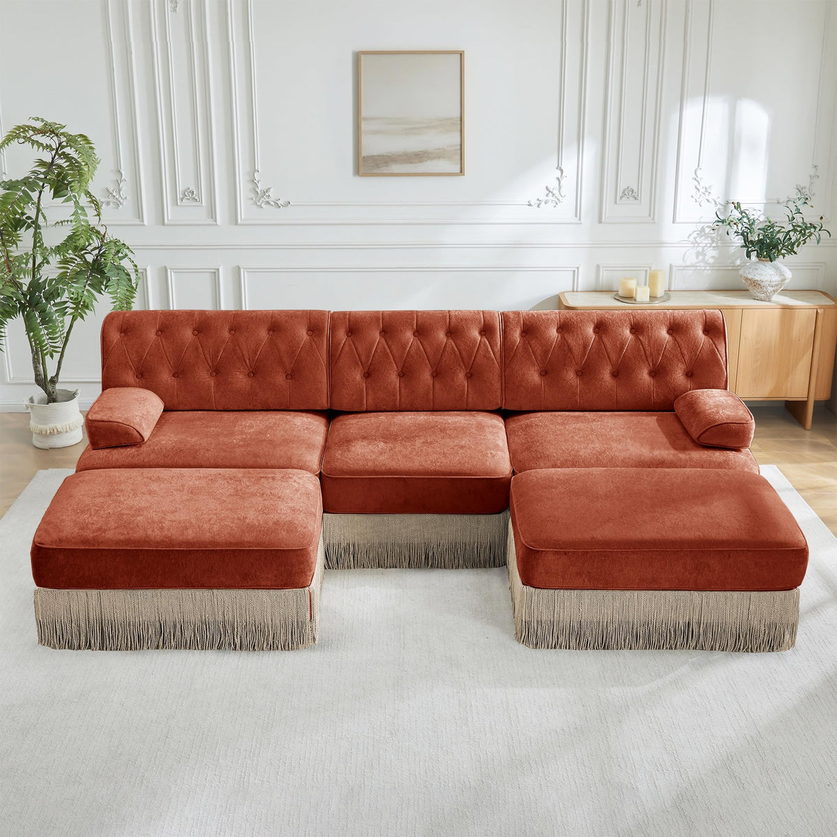 Velvet Modular Sectional Sofa, 135.6 Inch Chesterfield Style, Camel