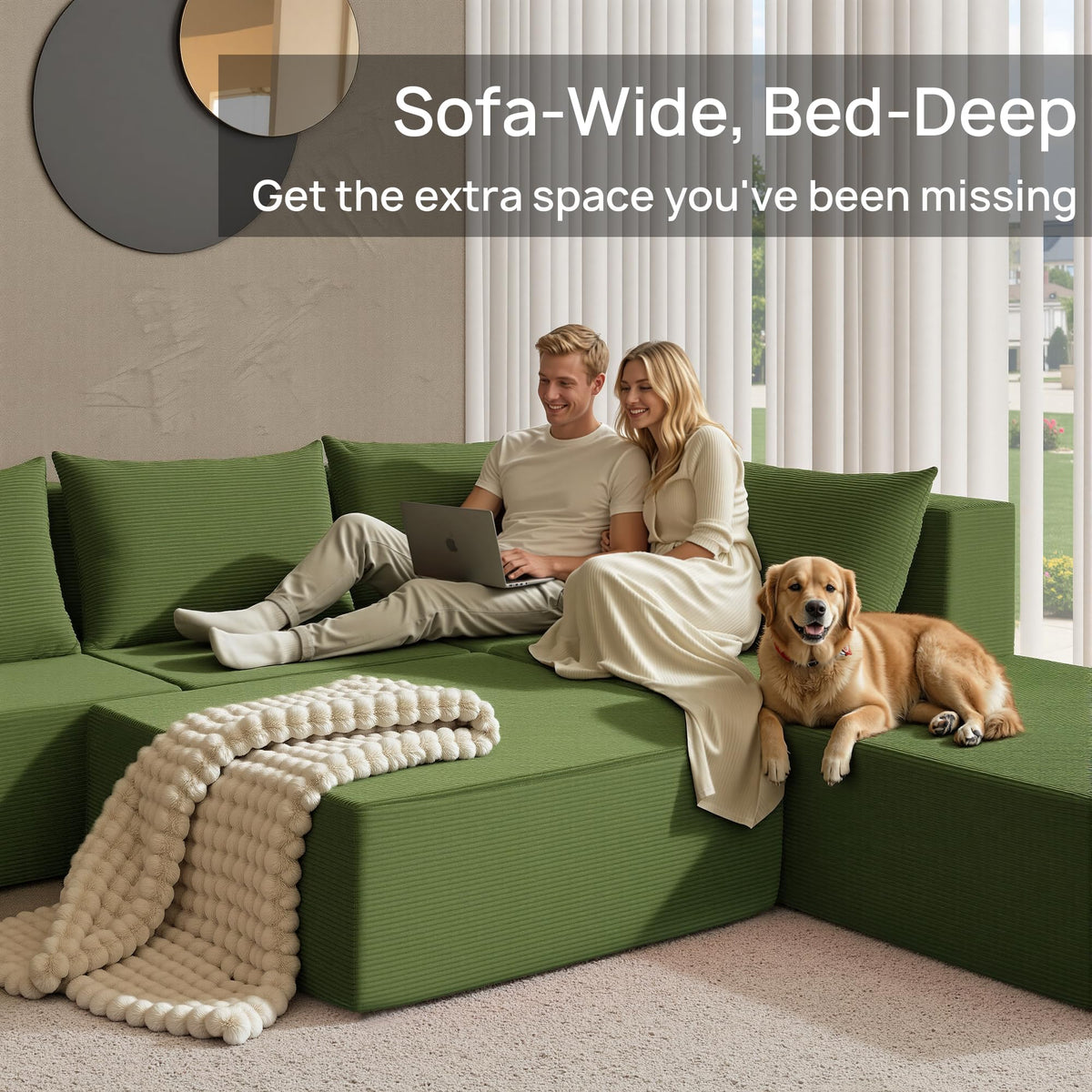 YINIX 140" Convertible Sleeper Sofa Bed - Modular Sectional Sofa Couches - Comfy Cloud Couch for Living Room Floor Sofa - 6 Piece Free Combination Compression Sofa - No Assembly Required - Green