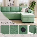 107" U-Shaped Pull-Out Couch Sectional Sofa Bed with USB Charging, Green