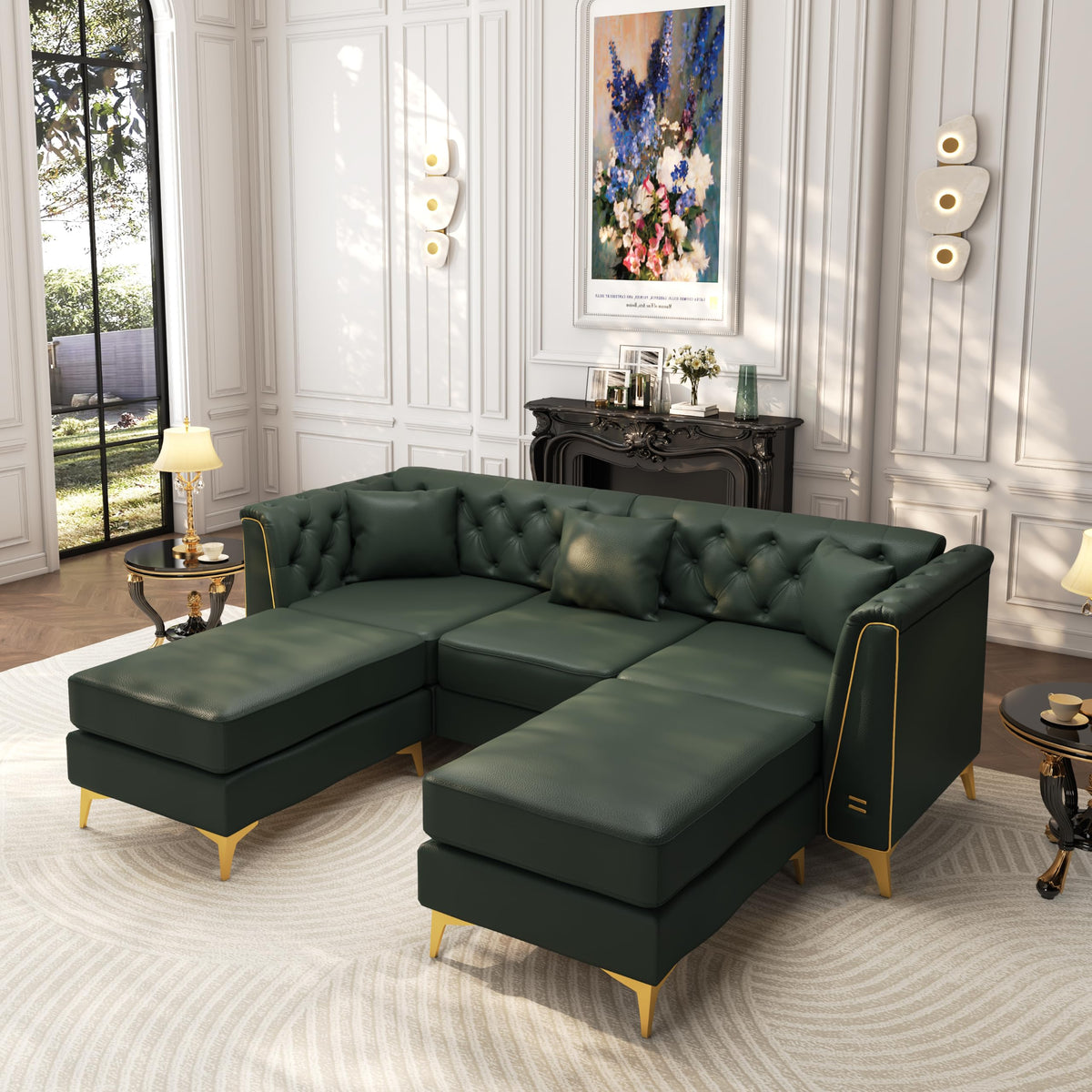 Tmsan 81.5" Green Faux Leather Modular Sleeper Sectional Sofa Couch Bed