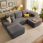 106" Cloud Sectional Couch with L-Shape Chaise & Ottoman, No Assembly Modular Sofa, Deep Seat Plush Corduroy Boneless Couched for Living Room (Black Plush Corduroy, L Shape with Ottoman-Left Facing)