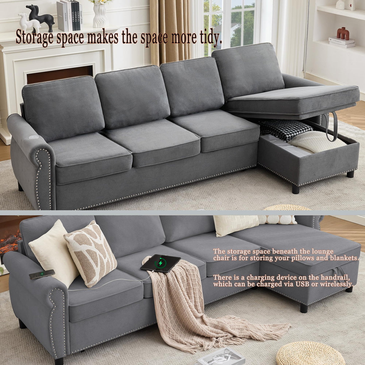 106.5" Convertible Sleeper Sofa Bed with Pull Out Couch, Dark Grey L Shaped Couch with Storage Chaise & Memory Mattress, Modular Sectional Couches with Wireless Charging & USB for Living Room