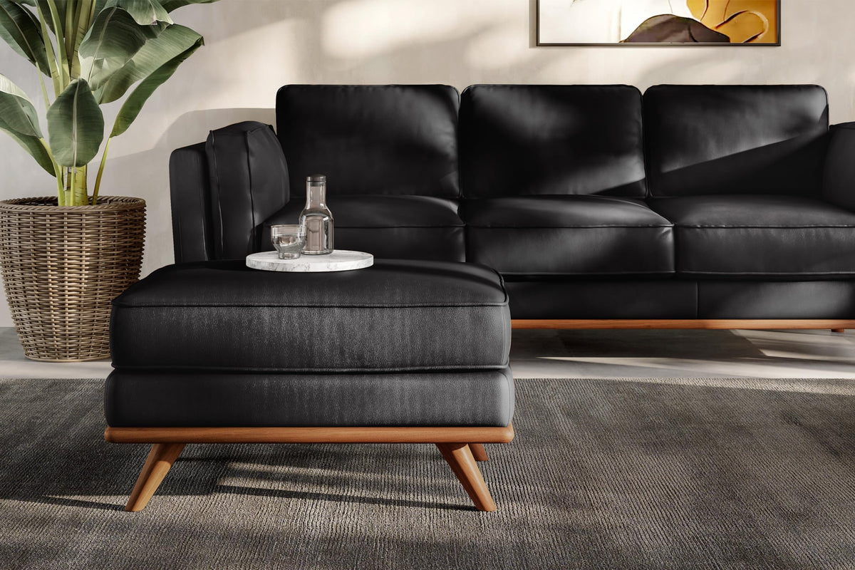 Valencia Artisan Full Leather Ottoman 31”| Full Italian Nappa 11000 Top-Grain Leather, Solid Alder Wood, Ultimate Comfort, Black