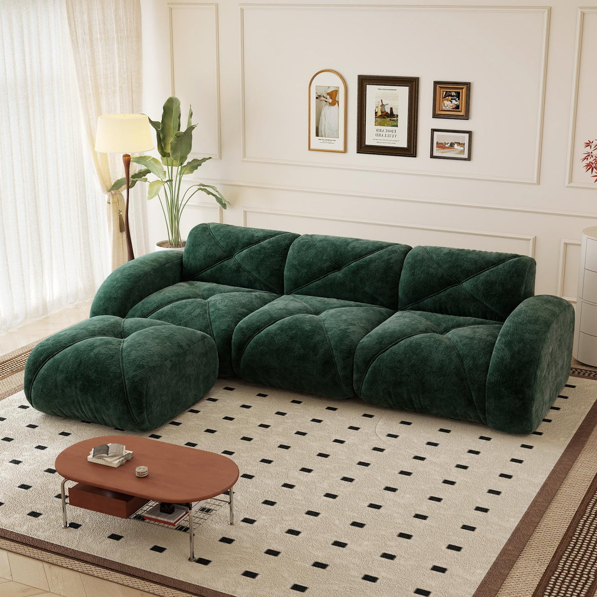 110.6" U Shaped Boneless Couch with Ottoman, Convertible Modular Sectional Cloud Sofa, Deep Seat 5 Seater Velvet Couch, 32D High Density Foam Sofas for Living Room, No Assembly Required, Camel