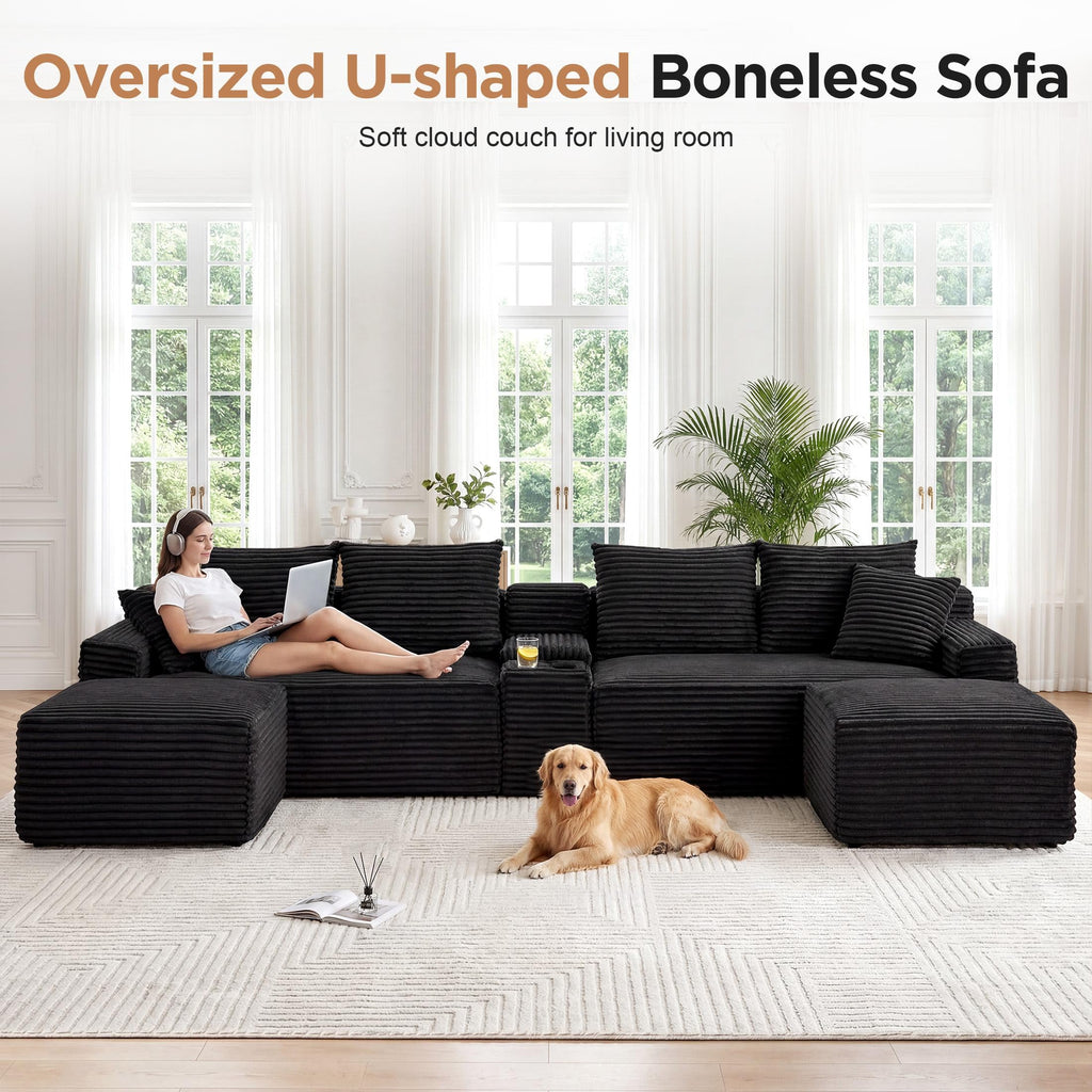 127” U-Shaped Cloud Sectional Couch for Living Room, Modern Boneless Corduroy Sofa with Chaise ‌and Console, Include 2 Cup Holders, Storage Space and USB Ports, No Assembly Required, Black