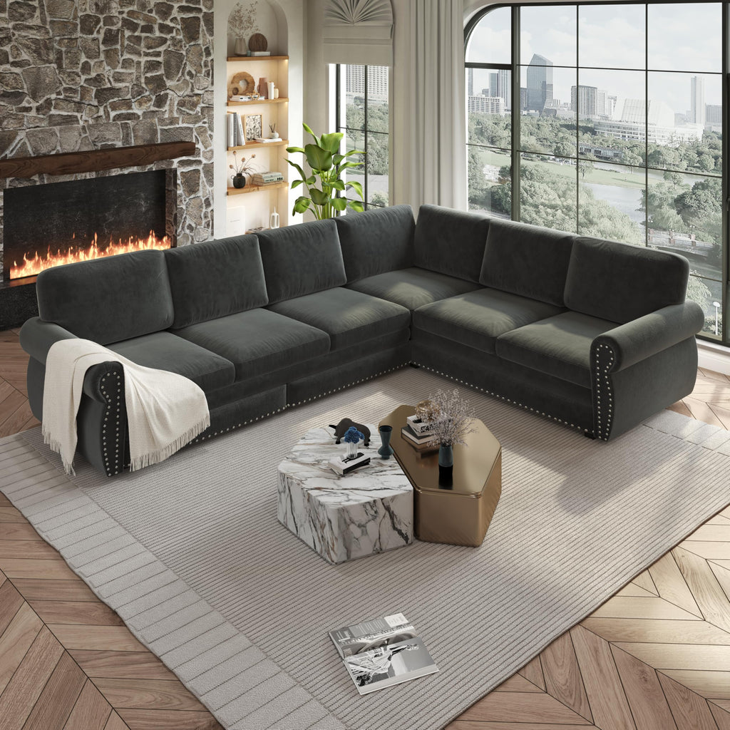 118'' Pull Out Couch, Convertible Sleeper Sofa Bed, Upholstered Sectional Sofa, Chenille L-Shaped Couch with Nailhead Trim, Modern Sectional Couches for Living Room, Apartment, Dark Grey