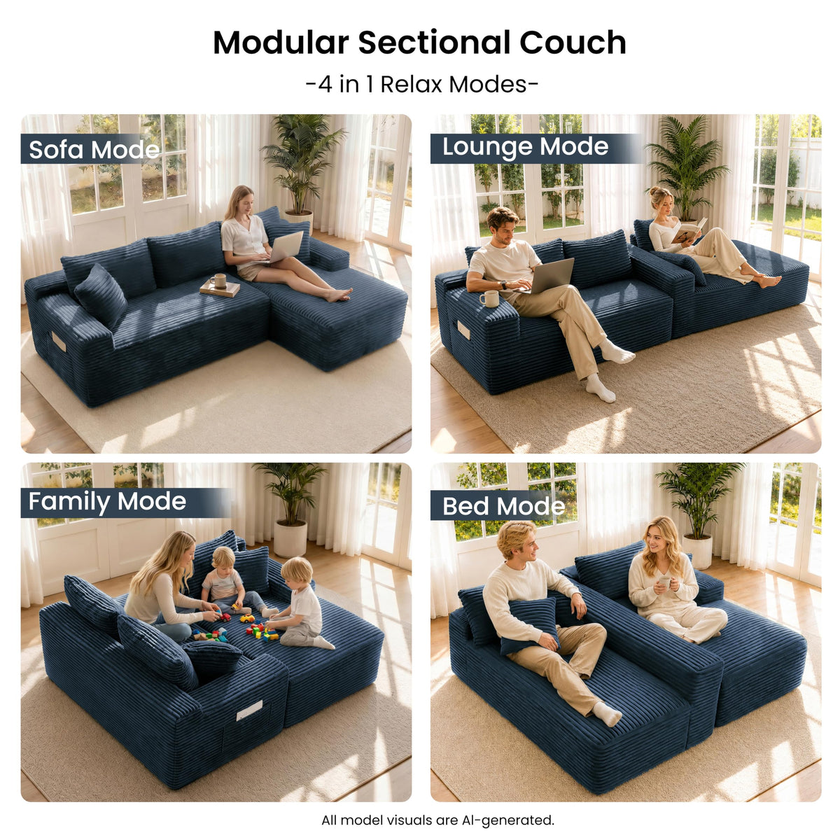 106" Modular Boneless Sofa, Sectional Chaise L-Shaped Couch for Living Room