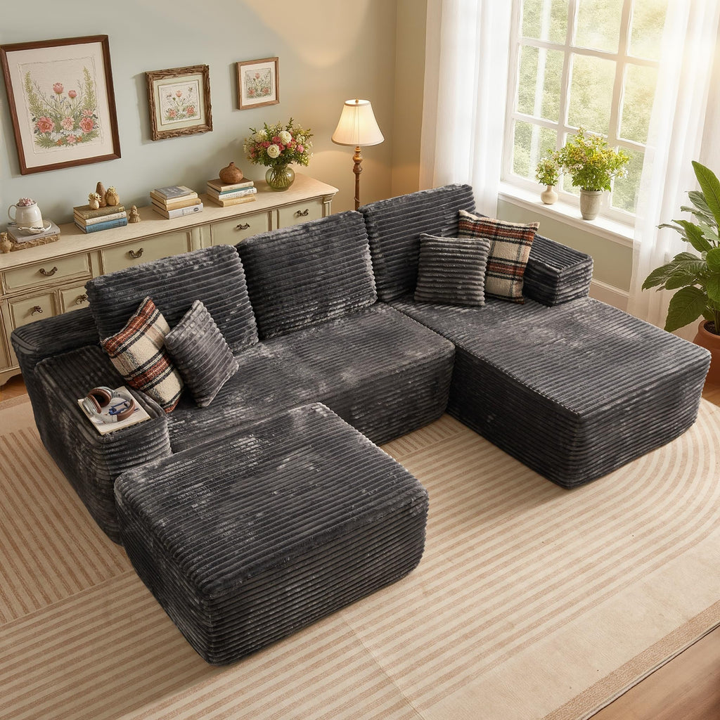106" Cloud Sectional Couch with L-Shape Chaise & Ottoman, No Assembly Modular Sofa, Deep Seat Plush Corduroy Boneless Couched for Living Room (Black Plush Corduroy, L Shape with Ottoman-Left Facing)