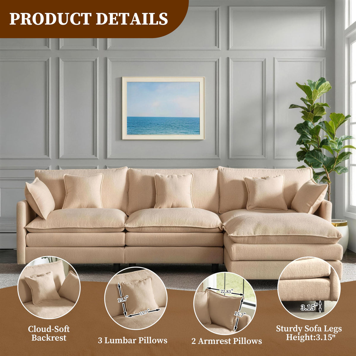 102" Modular Sectional Sofa, Chenille Couch with Ottoman,Beige (1, Camel, 110)