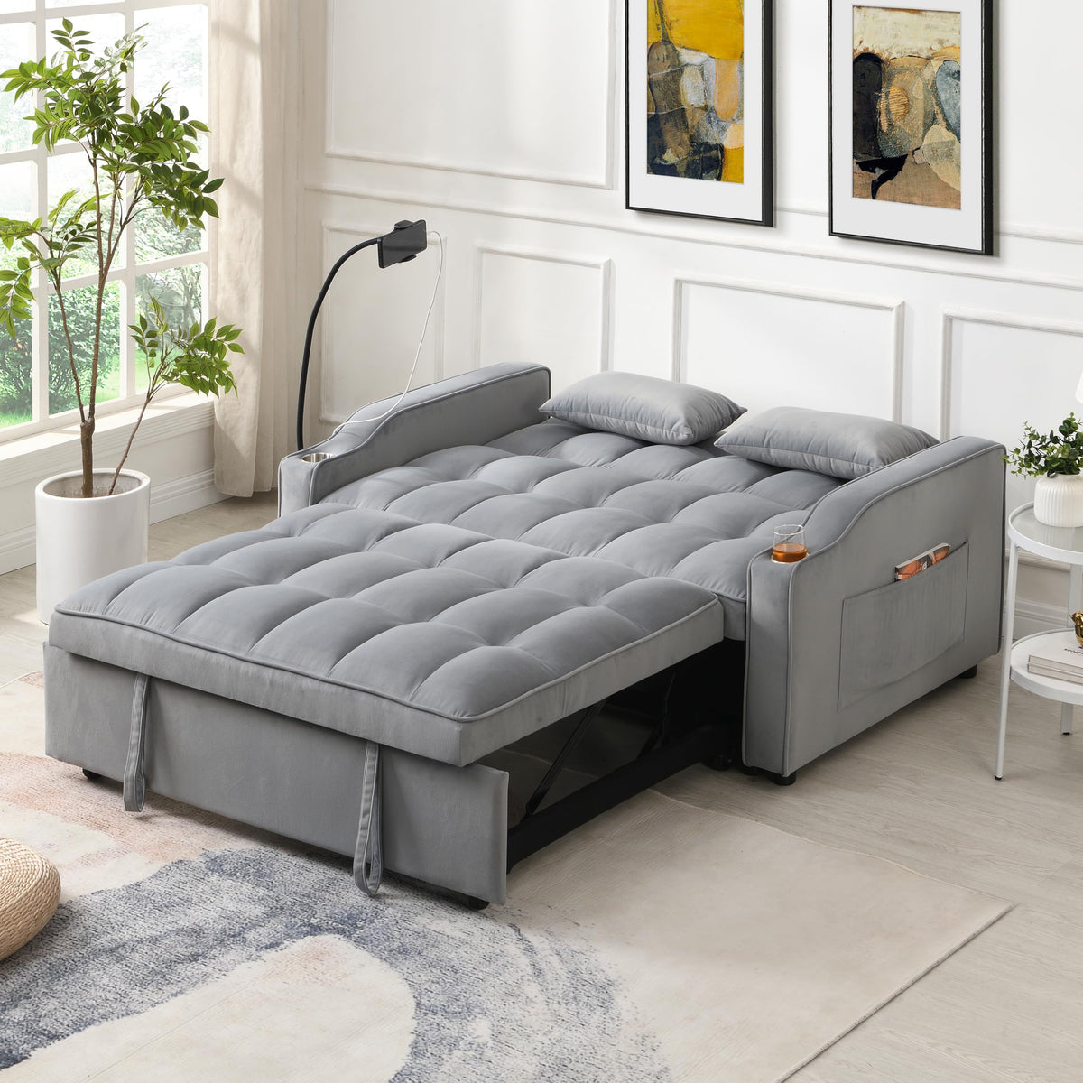 Tidyard Modern Velvet Loveseat Futon Sofa with Pullout Bed & Adjustable Reclining Backrest, 3-in-1 Convertible Sleeper Couch with Pillows, Pockets, USB Ports for Living Room, Small Space Apartment