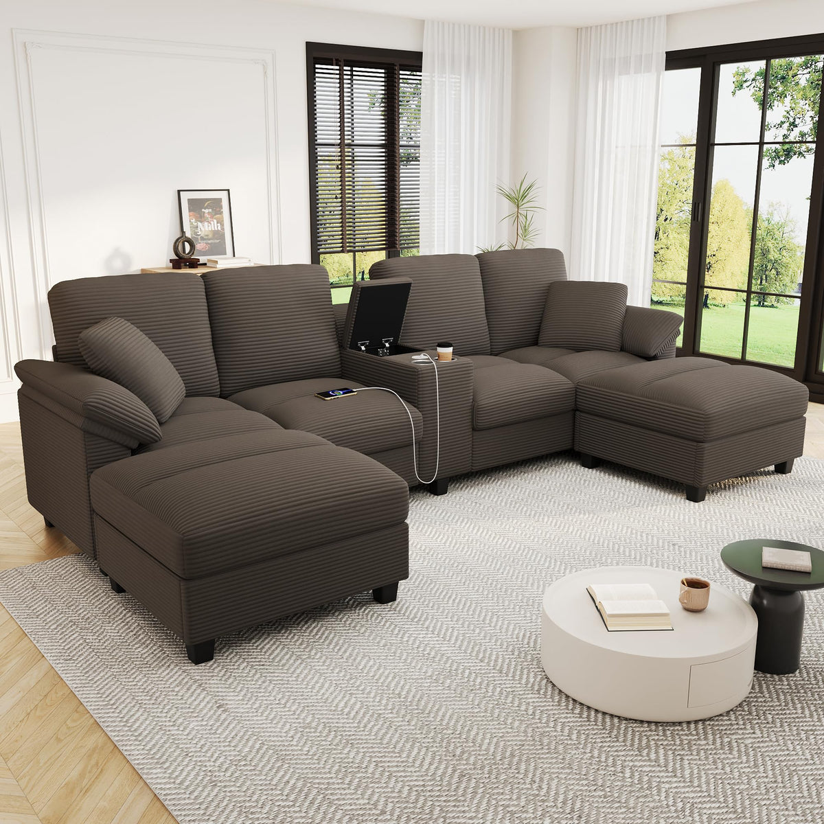 U Shaped Sofa 116.9" Sectional Sofa Corduroy Upholstered Sofa Couch with Storage Ottomans, Cup Holders and USB Ports for Living Room, Brown