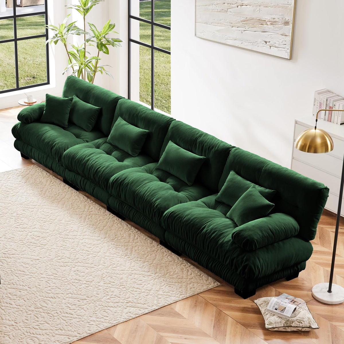 130" Modular Sectional Sofa,Velvet Upholstered Couches for Living Room,3 Seater Green Sofa Couch with Movable Ottoman,Big Comfy Loveseat Sofa with Deep Seats for Living Room,Apartment,Bedroom