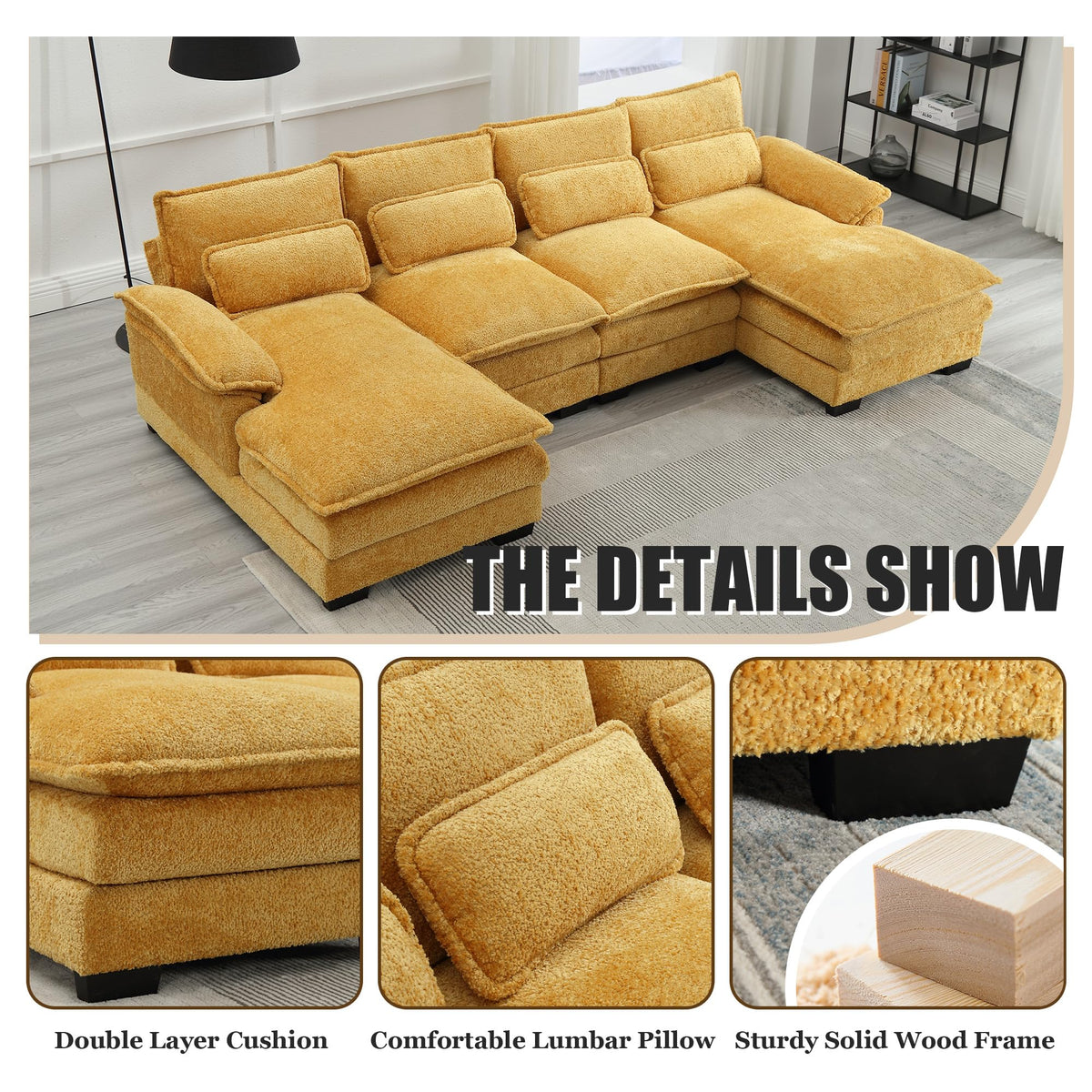 110'' U-Shaped Sectional Couch, Modern Chenille Extra Large Modular Sofa with 4 Cushions, Memory Foam Funiture Set with Double Lounger for Living Room, Office, Reception Room, Yellow