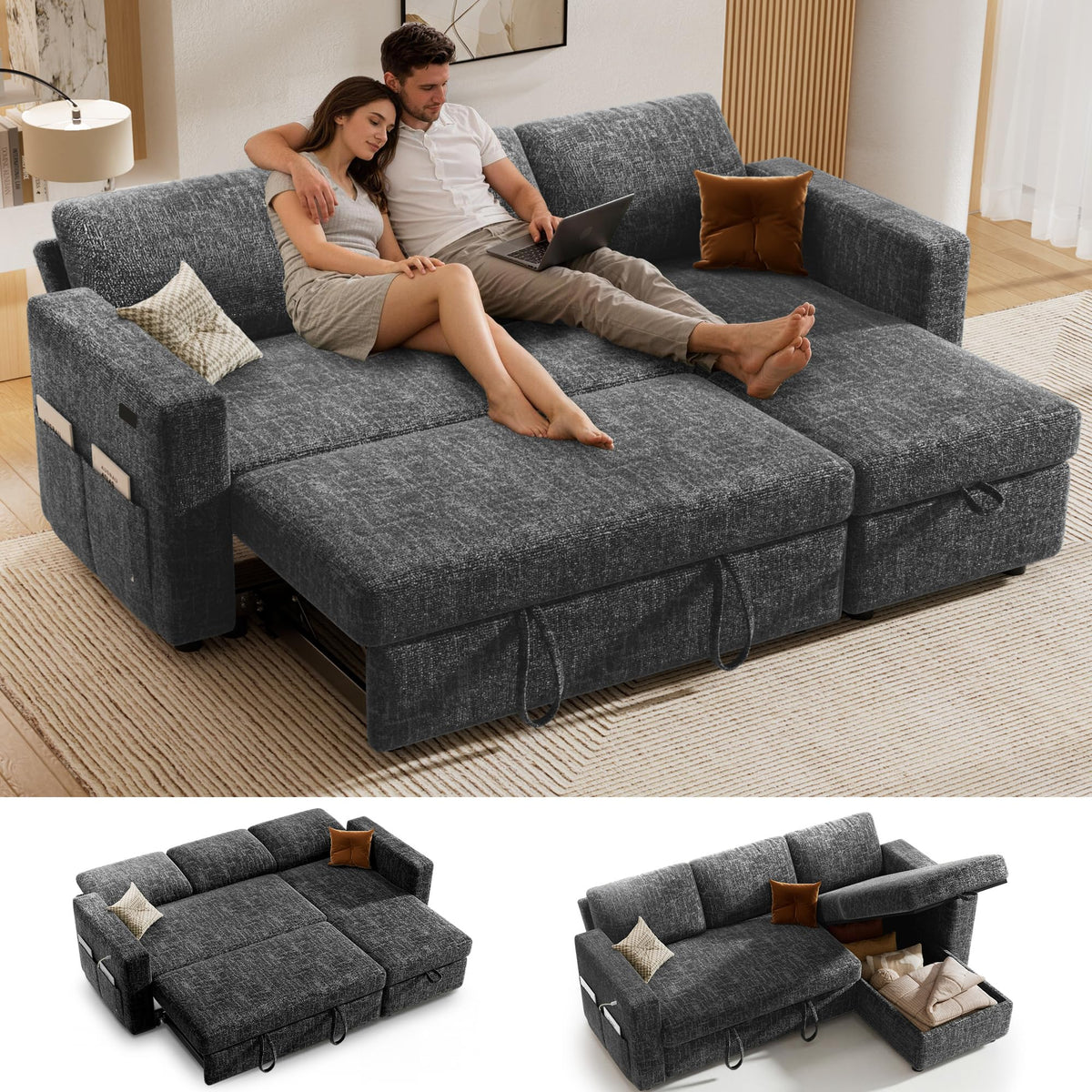 Vipbear 106" Sectional Sleeper Sofa with Pull Out Bed, U Shaped Couch Sleeper Sofa Bed, Pull Out Couch with Reclining Backrest, Double Storage Chaise, USB Ports, Tool-Free Assembly, Chenille Grey