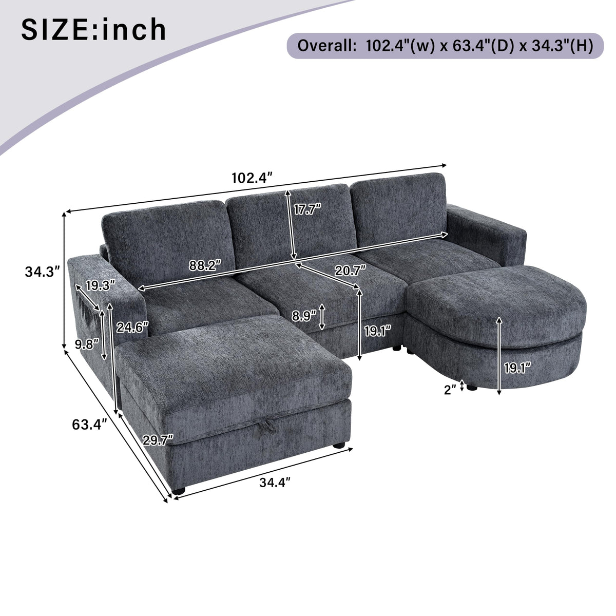 Tidyard U Shaped Sectional Sofa, Modular Chenille Couch with Storage Ottoman & Cup Holders, 102.4" Solid Pine Wood Frame for Living Room Apartment
