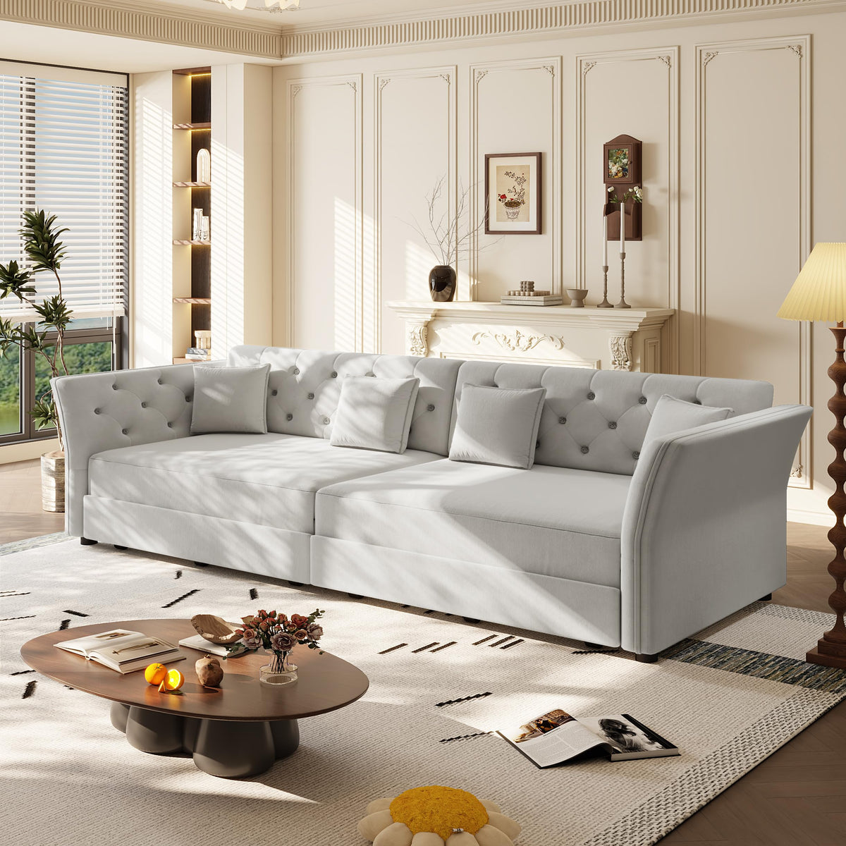 100" Oversize Pull Out Sofa Bed, Convertible Sleeper Sofa with Handmade Fabric Flower Tufted Design,Multi Functional Velvet Loveseat Bed for Living Room,Bedroom,Apartment,Light Grey
