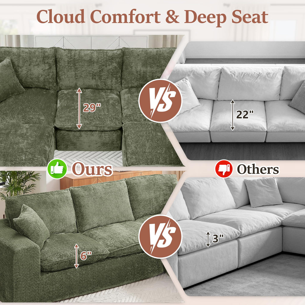 107'' Modular Sectional Sleeper Sofa, 5 Seater Corner Couch, Modern L Shaped Sectional Couch with Ottoman, Boneless Cloud Couches for Living Room (Green, L Shaped Sofa (5+2))