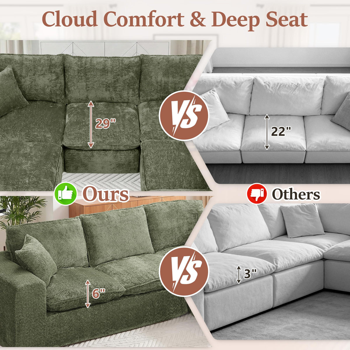 107'' Modular Sectional Sleeper Sofa, 5 Seater Corner Couch, Modern L Shaped Sectional Couch with Ottoman, Boneless Cloud Couches for Living Room (Green, L Shaped Sofa (5+2))